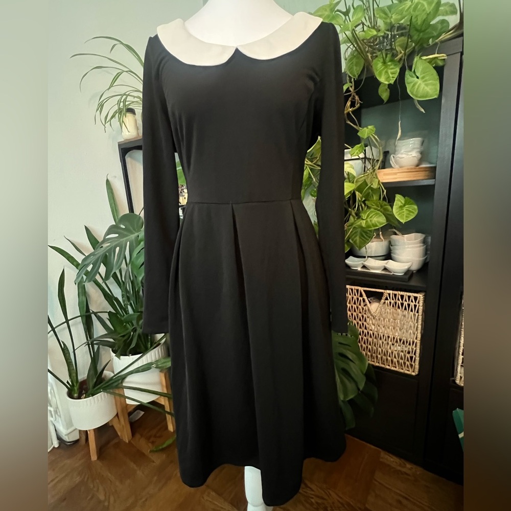 Sunny Girl Black Long Sleeve Dress with Cream Peter Pan Collar